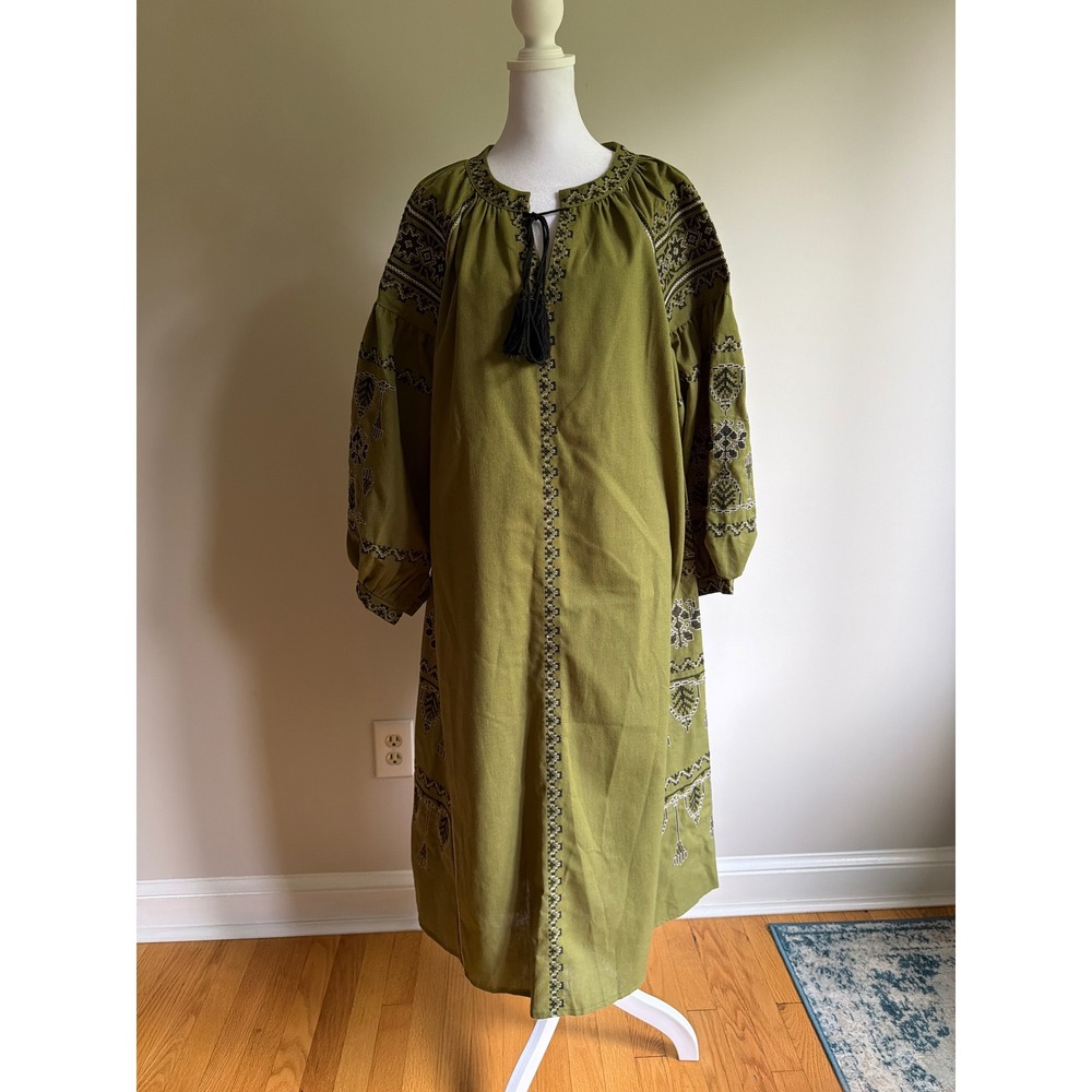 Sunday Up Olive Green Embroidered Linen Blend Midi Peasant Boho Caftan Dress  M